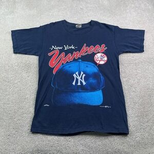 Vintage New York Yankees Shirt Mens Large Blue Hat Cap Nutmeg Mills USA 90s